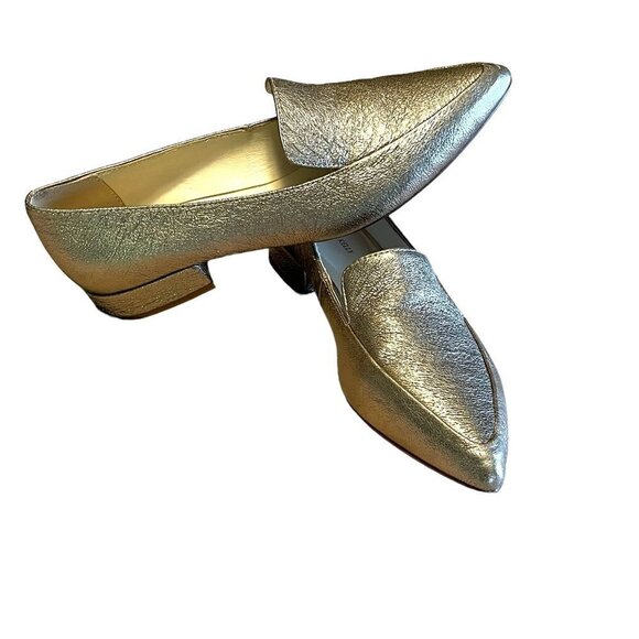 Metallic Gold Genuine Leather Pointed Toe Flats Loafers - Picture 1 of 11